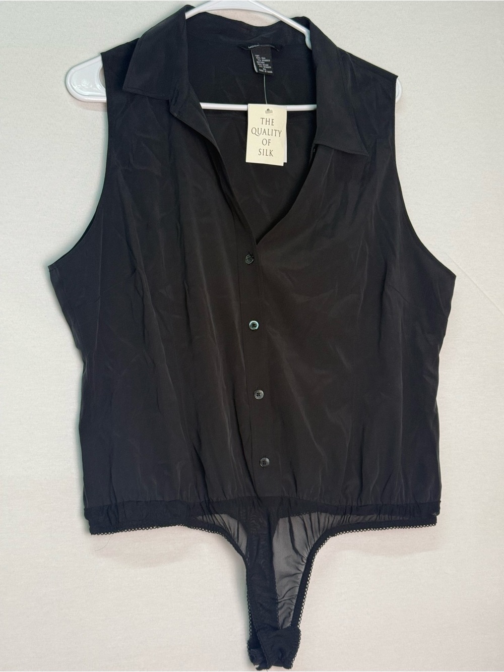 Moda International Black Sleeveless Button-Front Silk Bodysuit
